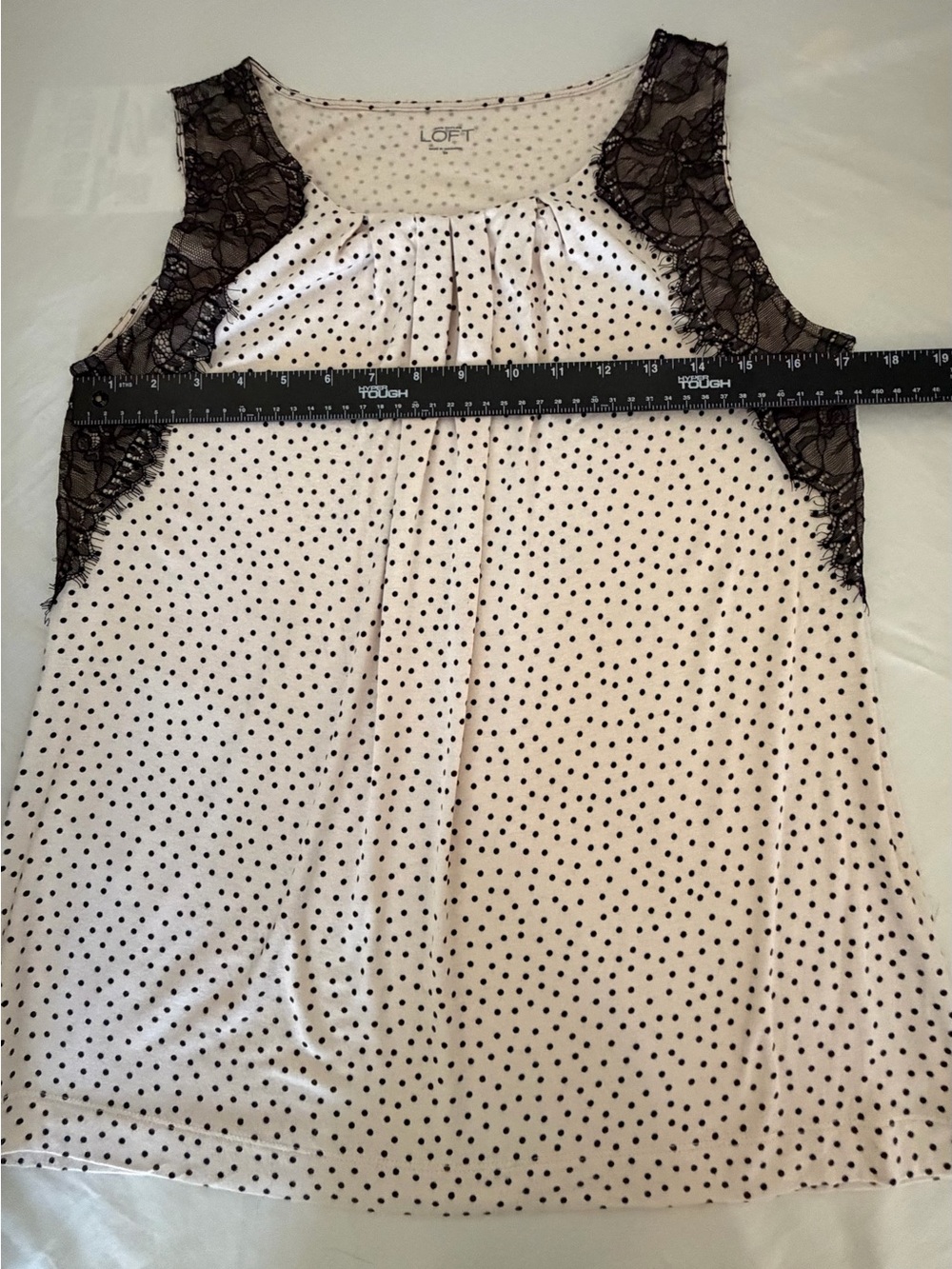 LOFT Cream Polka Dot Sleeveless Top with Black Lace Trim - Picture 4 of 7